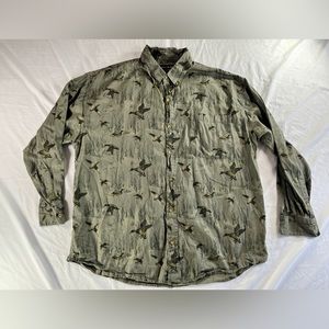Men's Field & Stream Green Duck Print Button Up Long Sleeve Shirt Size XL